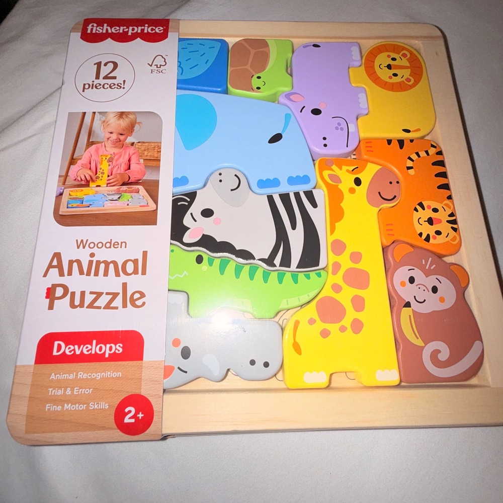 Fisher-Price Wooden Animal Puzzle Kids One Size Multicolor New 12pc JFG10 Jigsaw
